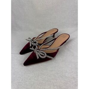 A New Day Burgundy Velvet Rhinestone Bow Kitten Heel Mules Pointed Toe Shoes 7.5
